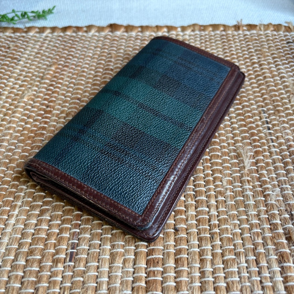 Vintage POLO Ralph Lauren Green Blue Plaid Bifold Leather Wallet With Brown Trim - Picture 5 of 12